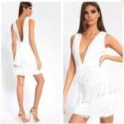 White plunge tassel dress