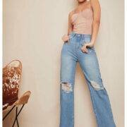 Isawitfirst distressed wide leg split hem mid wash jean