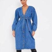 Isawitfirst puff sleeve denim midi dress mid wash