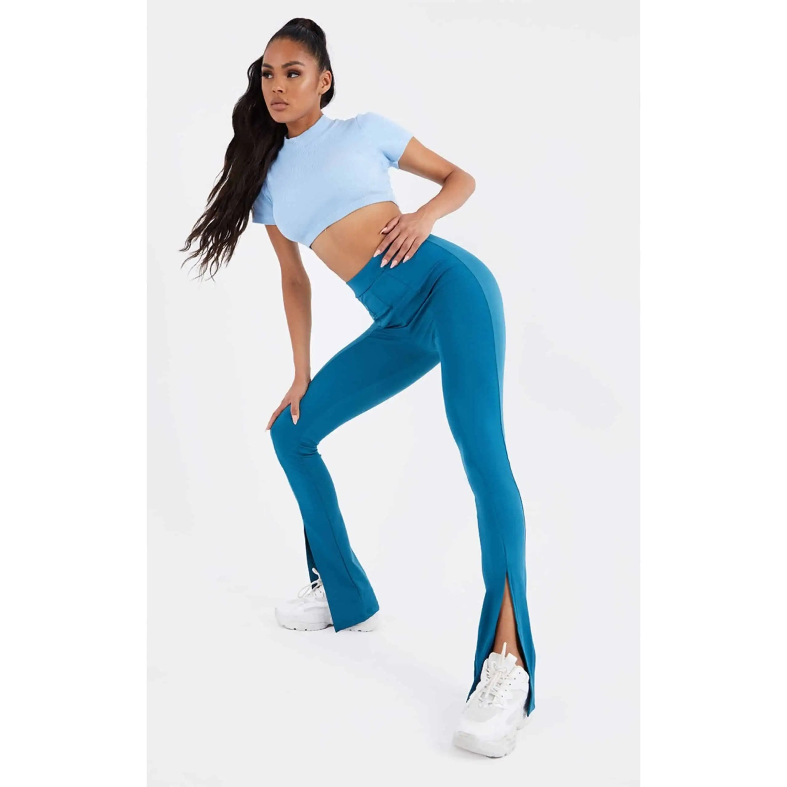 Steel Blue Stretch Scuba Skinny Split Hem Trousers - Image 1