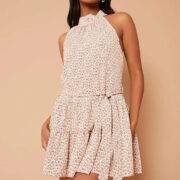Beige Petite Woven Halterneck Floral Dress
