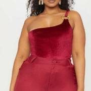 Plus Burgundy Velvet One Shoulder Trim Detail Bodysuit