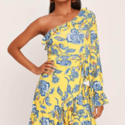 One shoulder tie waist frill sleeve mini dress