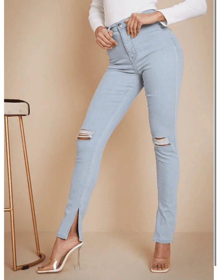 Isawitfirst high waisted disco skinny split hem light wash jeans - Image 2