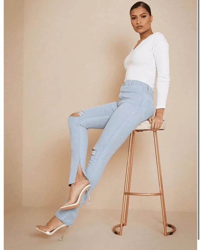 Isawitfirst high waisted disco skinny split hem light wash jeans - Image 3