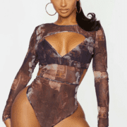 Shape brown Renaissance print mesh panel cut out detail bodysuit
