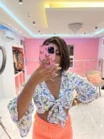 Shein Bell Sleeve Tie Front Floral Crop Top - Image 6