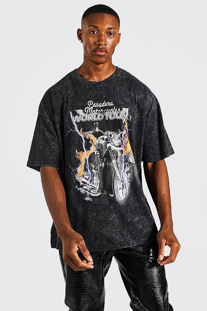 Boohooman Oversized Acid Wash Motorbike Graphic T-shirt - Iconiqbeautiville