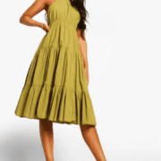 Cotton High Neck Tie Back Midi Smock Dress