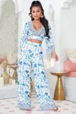 Aubrey Floral Wide Leg Pant Set - Blue/combo