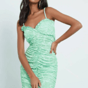Green Retro Swirl Print Cami Frill Ruched Bodycon Dress