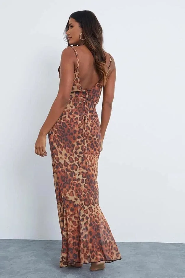 Brown Chiffon Leopard Print Maxi Dress - Image 4