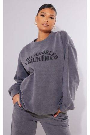 prettylittlething recycled charcoal washed los angeles printed sweatshirt
