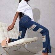 Tall Blue Indigo Ripped Back Split Hem Jeans