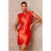 Red Satin Drape Top Ruched Side Bodycon Dress