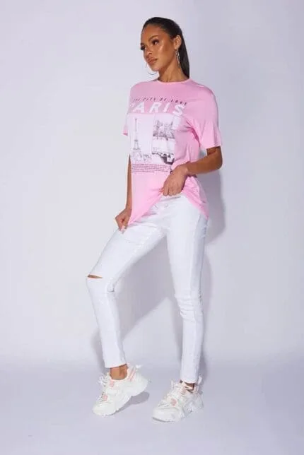 Pink Paris Print Oversized T-Shirt