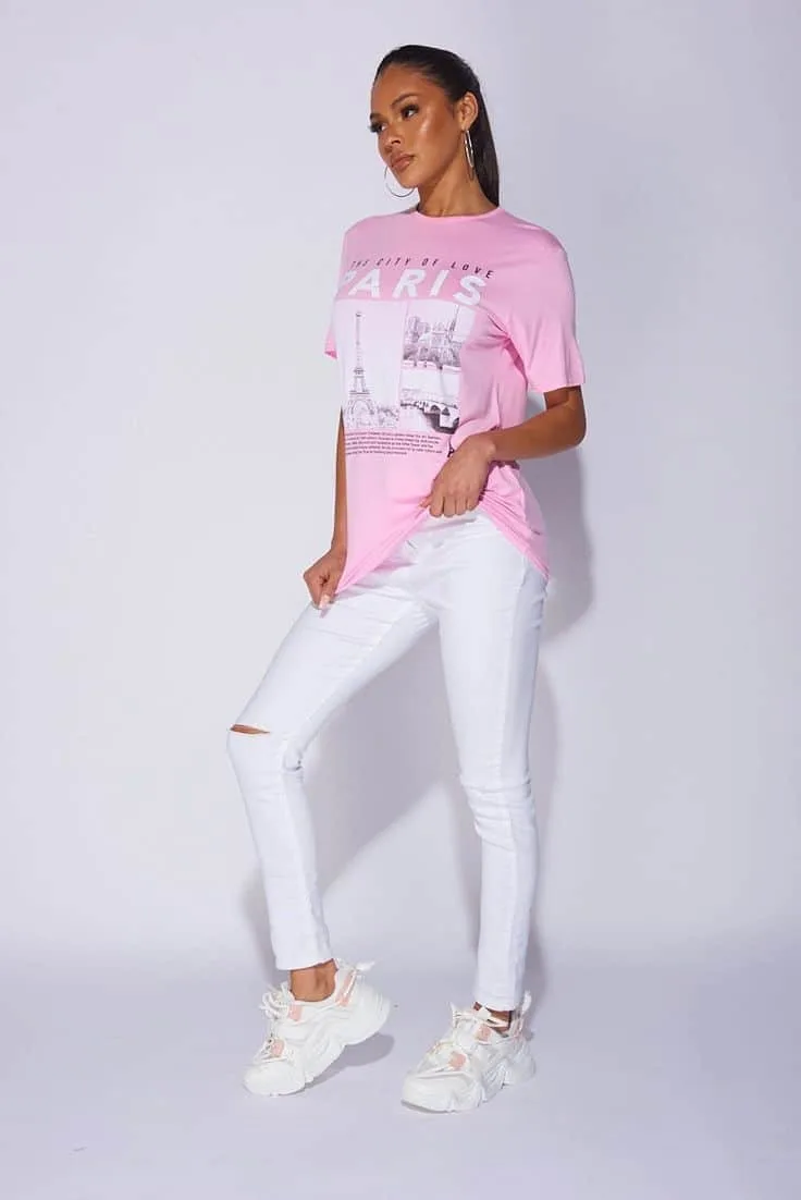 Pink Paris Print Oversized T-Shirt - Image 1