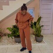 Chocolate brown oversized front pocket pullover hoodie cuffed jogger lounge