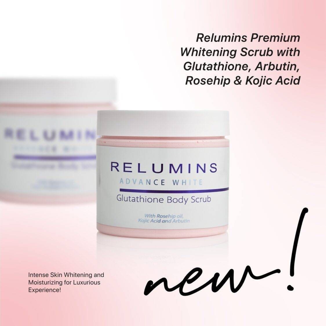 Relumins Premium Whitening Scrub 400ML amazing formula with Glutathione,  Arbutin, Rosehip & Kojic Acid - Visibly Improves Stretch Marks! | Price in  Ghana - Iconiqbeautiville