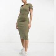 Mango polo ribbed midi dress in khaki
