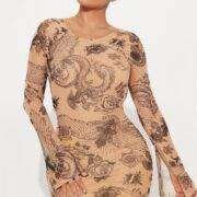 Tattoo Obsessed Mesh Mini Dress - Nude/combo