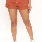 brighter days ahead roll cuff denim mom shorts rust