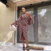 Plt black floral Bardot puff sleeve wrap dress