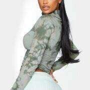 Shape Khaki Tie Dye Cotton High Neck Cut Out Top