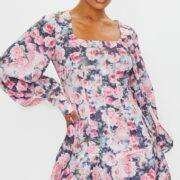 Multi Rose Print Puff Sleeve Frill Hem Bodycon Dress