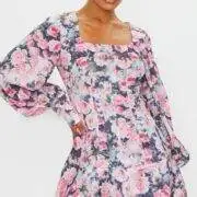 Multi Rose Print Puff Sleeve Frill Hem Bodycon Dress