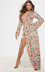 White Fruit Geometric Print Kimono Maxi Dress