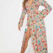 White Fruit Geometric Print Kimono Maxi Dress