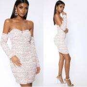 Boucle off the shoulder zip bodycon dress