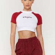 Luxe To Kill Cherry Red Organic Cotton Contrast Short Sleeves Crop Top