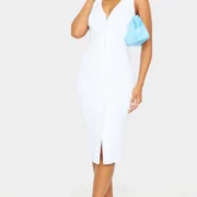 Pretty Little Thing White Thick Rib Cup Detail Button Midi Dress