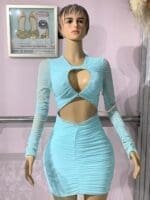 Nara Long Sleeve Cut Out Mini Dress in Aqua | Oh Polly - Image 2