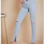 Isawitfirst high waisted disco skinny split hem light wash jeans