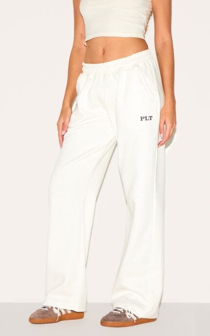 Prettylitttlething Embroided Wide Leg Joggers Taup
