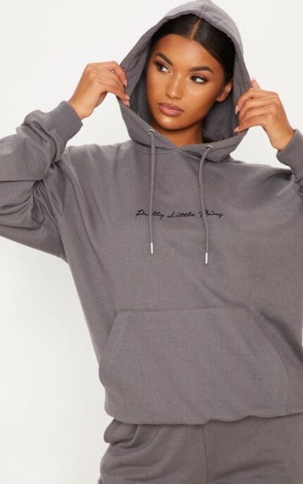 Prettylittlething Charcoal Embroidered Oversized Hoodie