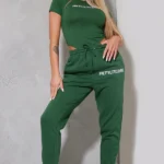 Prettylittlething Forest Green Logo Short Sleeve Bodysuit With Jogger Set