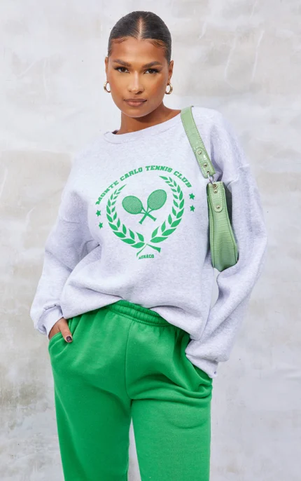 Prettylittlething Ash Grey Monte Carlo Tennis Washed Sweatshirt