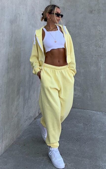 Yellow thick Zip Up Drawstring Cropped Hoodie And Jogger Tracksuit
