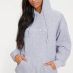 PRETTYLITTLETHING Ash Grey Marl Embroidered Oversized Hoodie