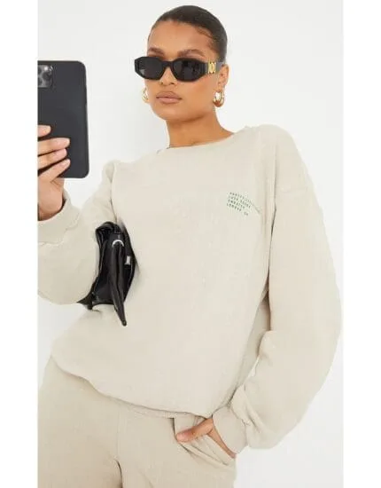 Prettylittlething Sand Luxe Good Small Print Text Sweatshirt