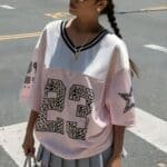 Muchic Pink Mesh Printed Teen Girls Loose T-Shirt