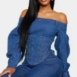 PLT Shape Light Blue Wash Denim Bardot Balloon Sleeve Corset