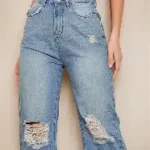 I Saw It First Distressed Wide Leg Split Hem Jean Mid Wash