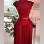 Cotton High Waist Plitted Skirt And Crop Tee Set