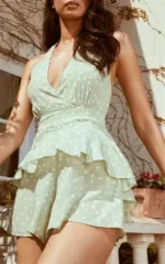 Sage Green Polka Dot Halterneck Playsuit