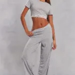 Tie Waist Crop Top And Wide Leg Trouser Grey